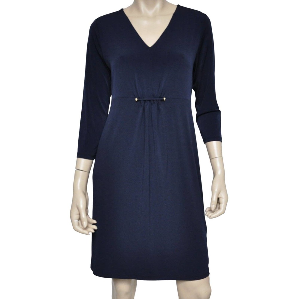 Michael Kors Matte Jersey V-Neck 3/4 Sleeve Shift Dress Real Navy 4/8 $130 Nwt